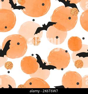 Motivo Halloween senza cuciture con pipistrelli neri volanti e cerchi arancioni. Illustrazione vettoriale. Illustrazione Vettoriale