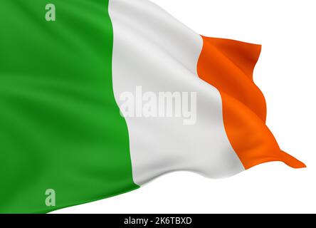 Sventolando la bandiera irlandese isolata su sfondo bianco Foto Stock