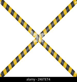 Avviso Vector nero e giallo, nastro di arresto pericolo isolato su sfondo bianco. Pericolo incrociato, cartello con nastro di attenzione, scherma, avvertenza, divieto Illustrazione Vettoriale