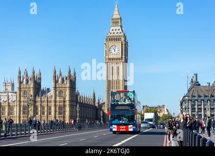 Palazzo di Westminster (Casa del Parlamento) e Big ben da Westminster Bridge, City of Westminster, Greater London, Inghilterra, Regno Unito Foto Stock
