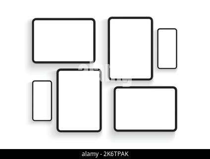 Schermate di smartphone e tablet per la presentazione di progettazione di app mobili, isolate su sfondo bianco. Illustrazione vettoriale Illustrazione Vettoriale