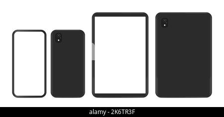 Telefono cellulare e tablet neri moderni e realistici con vista frontale e posteriore. Illustrazione Vettoriale