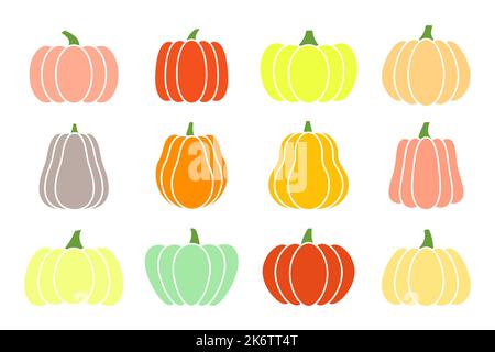 Icone piatte di zucca. Kit segno di Halloween. Raccolta di pittogrammi per il ringraziamento, raccolta di zucche per il primo piano, verdure. Semplice cartoon zucca icona colorata simbolo isolato bianco Vector Illustrazione Illustrazione Vettoriale