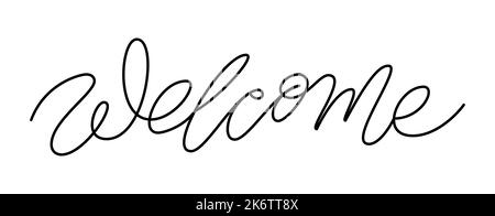 Benvenuto frase calligrafica a riga singola sottile. Tessera d'invito a corsa modificabile monolina, iscrizione lineare home decor. Banner per il riscaldamento della casa, francobollo scrapbook, titolo fai da te. Linea di base ondulata, intestazione graffiata Illustrazione Vettoriale