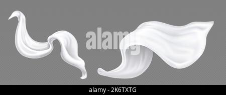 Tessuto di seta bianco volante, drappeggi in tessuto di lusso. Abiti satinati, sciarpe, tendaggi o mantelli luminosi isolati su fondo trasparente, vettoriali realisti Illustrazione Vettoriale