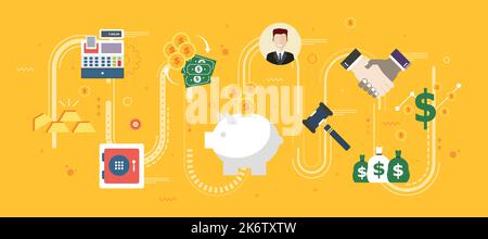 Finanza ed economia, investimenti, risparmio e business. Deposito di monete nel salvadanaio, la stretta di mano tra imprenditore. Di sicuro, oro, cassa e denaro Illustrazione Vettoriale