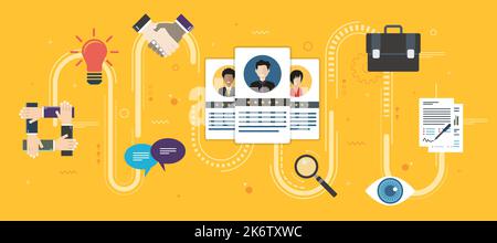 Reclutamento e selezione di persone qualificate per l'occupazione. Assunzione e reclutamento concetto, colloquio di lavoro di professionisti qualificati. Imposta icona busines Illustrazione Vettoriale