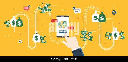 Il trasferimento bancario, transazioni finanziarie e di denaro. Imprenditore mano facendo clic sul pulsante Trasferisci in banca dello smartphone app.trasferire denaro a varie una Illustrazione Vettoriale