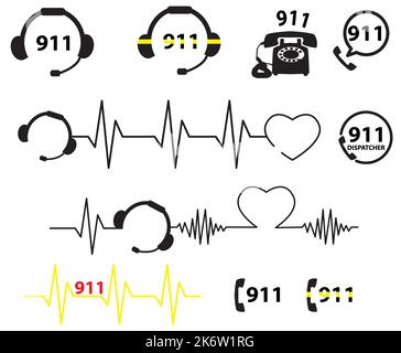 Set di 911 icone su sfondo bianco. segnale della linea diretta di crisi. simbolo del servizio di emergenza. stile piatto. Foto Stock