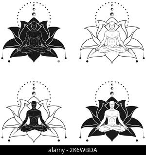 Disegno vettoriale dell'uomo meditando in posizione del loto, dell'uomo che fa yoga e del fiore del loto sullo sfondo Illustrazione Vettoriale