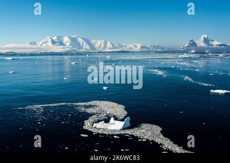 iceberg e ghiaccio brash. guardando dal canale lemaire con l'isola di anvers (l) e l'isola di wiencke (r) sullo sfondo. penisola antartica. antartide Foto Stock