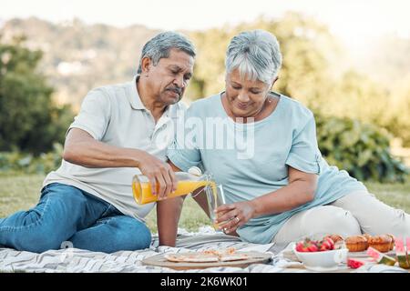 I miei amici e la mia famiglia sono il mio sistema di supporto. una coppia anziana che si gode un pic-nic all'aperto. Foto Stock