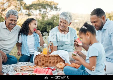La famiglia è la musica che porta armonia. una famiglia che si gode un pic-nic in un parco. Foto Stock