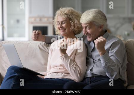 Le coppie più anziane che fissano il notebook si sentono felici di celebrare grandi notizie Foto Stock