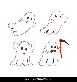 Fantasmi di Halloween spettrale. Poltergeist spettrale. Halloween spaventoso mostri spettrali. Elementi di Halloween. Concetto di trick o treat. Illustrazione Vettoriale