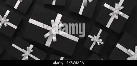 Concetto di stile di lusso. Eleganti scatole regalo con nastri argentati su sfondo nero in vista dall'alto. Illustrazione 3D. Foto Stock