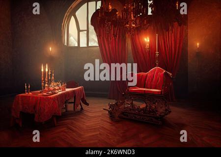 Un attraente castello della Transilvania e stanza vittoriana decorata con candelieri è la scena per i giochi in un'atmosfera gotica inquietante su Halloween. 3D Foto Stock