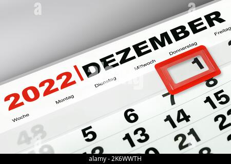 Calendario Tedesco 2022 Dicembre 1 settimana 48 Lunedì Martedì Mercoledì Giovedì Venerdì Foto Stock