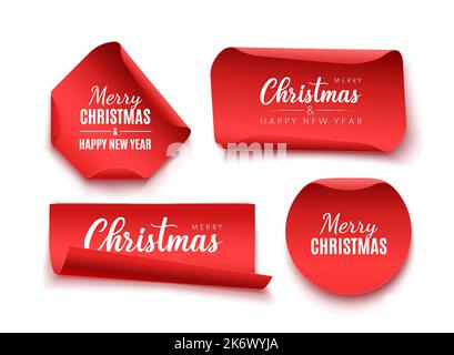 Etichette e etichette rosse di Natale. Nastri 3D realistici isolati su sfondo bianco. Illustrazione vettoriale Illustrazione Vettoriale