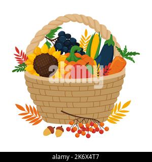 Un cesto di vimini con una raccolta autunnale di verdure e frutta. Illustrazione piatta vettoriale per il giorno del Ringraziamento o la festa agronomica del raccolto. Isolato su Illustrazione Vettoriale