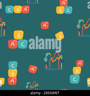 Giocattoli per bambini motivo colorato senza cuciture. cubi abs, puzzle, cartoni animati, giocattoli disegnati a mano. Giochi educativi per bambini concetto. Sfondo per stampa, tessuto Illustrazione Vettoriale