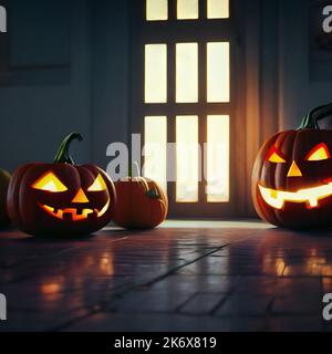 Halloween zucche decorazione vacanza, si trova sul pavimento in accogliente soggiorno. Decorazioni per feste notturne. Illustrazione, pittura digitale Foto Stock