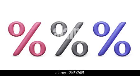 Set di icone al 3D%. Simbolo percentuale rosso nero e blu isolato su sfondo bianco. Illustrazione vettoriale Illustrazione Vettoriale