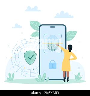 Autenticazione biometrica, scansione delle impronte digitali nell'illustrazione vettoriale dell'app mobile. Cartoon piccola donna toccare lo schermo del telefono con le dita per la scansione e il login all'applicazione, tecnologia di sicurezza Illustrazione Vettoriale