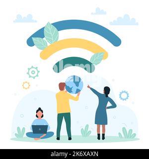 WI-FI, connessione e illustrazione del vettore di valutazione pubblico. Cartoon persone piccole nella zona internet gratuita utilizzando portatile vicino WIFI segno, hotspot con segnale wireless per chat, comunicazione e lavoro online Illustrazione Vettoriale