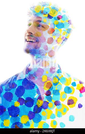 una pittura artistica punteggiata ritratto a doppia esposizione di un uomo che guarda lontano Foto Stock