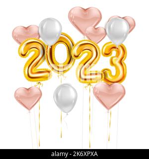 Palloncini a cuore rosa Felice anno nuovo 2023, numeri di foglio d'oro, palloncini bianchi Illustrazione Vettoriale