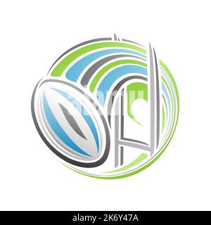 Logo Vector per Rugby Sport, emblema isolato e moderno con illustrazione di una palla di rugby che vola sopra il parco giochi in goal, linea decorativa di sport d'arte Illustrazione Vettoriale