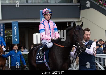 Ascot, Berkshire, Regno Unito. 15th ottobre 2022. Horse CheckandChallenge guidato dal jockey Jim Crowley si dirige sulla pista per correre nelle Queen Elizabeth II Stakes (Classe 1) (sponsorizzate da QIPCO), (Gruppo 1), (British Champions Mile). Credito: Maureen McLean/Alamy Foto Stock