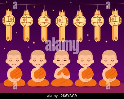 Tradizionale Thai Yi Peng o Loy Krathong festival. Carini monaci buddisti sotto lanterne di carta appesi. Illustrazione vettoriale. Illustrazione Vettoriale