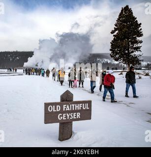 WY05087-00..... WYOMING - folla che parte dopo l'eruzione di Old Faithful durante una tempesta di neve invernale, Yellowstone National Park. Foto Stock