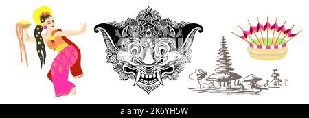 Set di simboli balinesi - barong, ballerino, pagoda e offerte Illustrazione Vettoriale