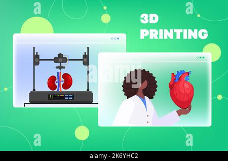 medico in possesso di trapianto umano organi cuore reni modelli stampa su 3d bio stampante medica ingegneria biologica Illustrazione Vettoriale