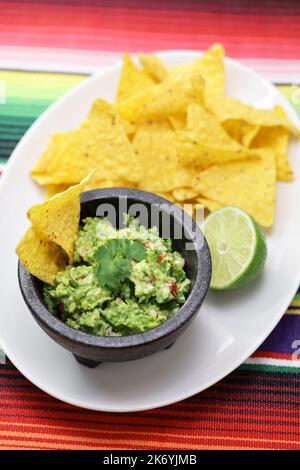 Guacamole fatta in casa con patatine di tortilla, antipasto messicano Foto Stock
