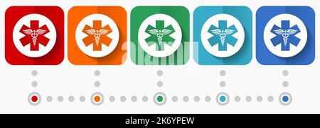 Emergenza, icone vettoriali ospedaliere, modello infografico, set di simboli a disegno piatto in 5 opzioni di colore Illustrazione Vettoriale