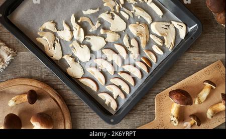 Taglio, affettatura e asciugatura di funghi di bolete selvatiche freschi raccolti in una foresta, vista dall'alto Foto Stock