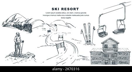 Stazione sciistica invernale e elementi di design di viaggio. Illustrazione dello schizzo vettoriale disegnato a mano. Sciatore in cima alla montagna, sci nella neve, ascensore, pista e casa i Illustrazione Vettoriale