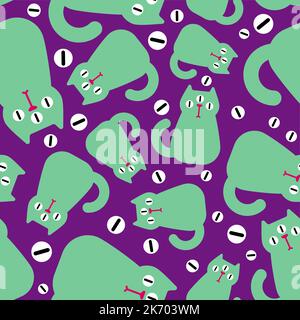 Alieno gatto modello senza cuciture. PET sfondo mostro verde. Tessuto del bambino Illustrazione Vettoriale