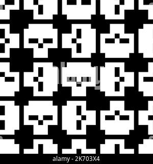 Cranio pixel art Pattern senza giunture. 8 bit testa scheletrica sfondo. texture pixelata Illustrazione Vettoriale