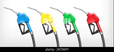 Ugelli del combustibile realistici. Pistole a gas isolate a colori, 3D pistole di rifornimento per benzina, pompe a manico per olio dispenser etanolo stazione di rifornimento biodiesel, illustrazione ordinata del vettore dell'ugello del carburante Illustrazione Vettoriale