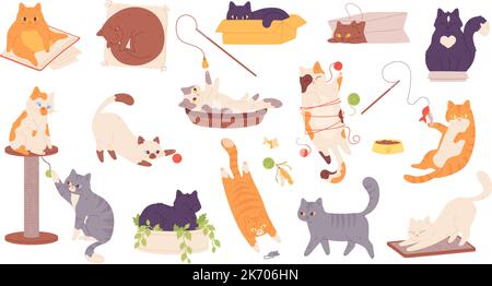 Doodle giocare gatti. Personaggi divertenti gattino, carino gatto giocare con palla o scatola, kawaii pigro casa animale domestico adorabile gattino dormire sdraiato pazzo collezione di adesivi strana illustrazione vettore di gattino divertente animale domestico Illustrazione Vettoriale