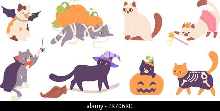 Gattino in costumi di Halloween. Gatti in cappelli costume autunno festa di festa di morti, divertente scheletri di animali domestici sorceress nero kitty o animale strega con scopa, illustrazione vettore garish di Halloween costume Illustrazione Vettoriale