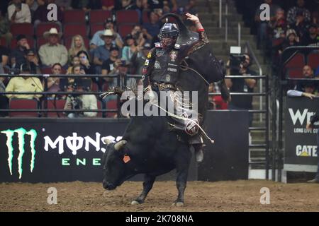 Glendale, Arizona, Stati Uniti. 15th Ott 2022. GLENDALE, AZ - 15 OTTOBRE: Il pilota Luke Parkinson del Missouri Thunder cavalca bull the Claw durante i PBR Ridge Rider Days alla Desert Diamond Arena il 15 ottobre 2022 a Glendale, AZ, Stati Uniti. (Credit Image: © Alejandro Salazar/PX Imagens via ZUMA Press Wire) Foto Stock