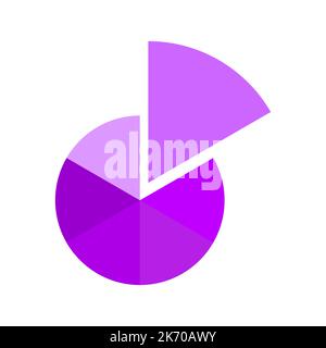 Grafico a torta diviso in 6 sezioni viola monocromatiche. Diagramma rotondo tagliato in sei parti uguali con un frammento separato. Icona della ruota infografica isolata su sfondo bianco. Illustrazione piatta vettoriale Illustrazione Vettoriale