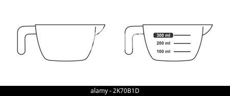 tazze da 300 ml in bianco e con scala graduata. Contenitori liquidi per la cottura con tabella delle capacità dei fluidi. Illustrazione del contorno vettoriale isolata su sfondo bianco Illustrazione Vettoriale