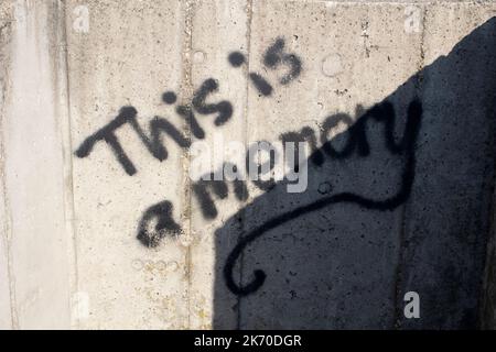 Questa è la memoria, graffiti su un muro Memento Park un museo all'aperto dedicato a statue monumentali del periodo comunista ungherese, Budapest, Ungheria, Foto Stock